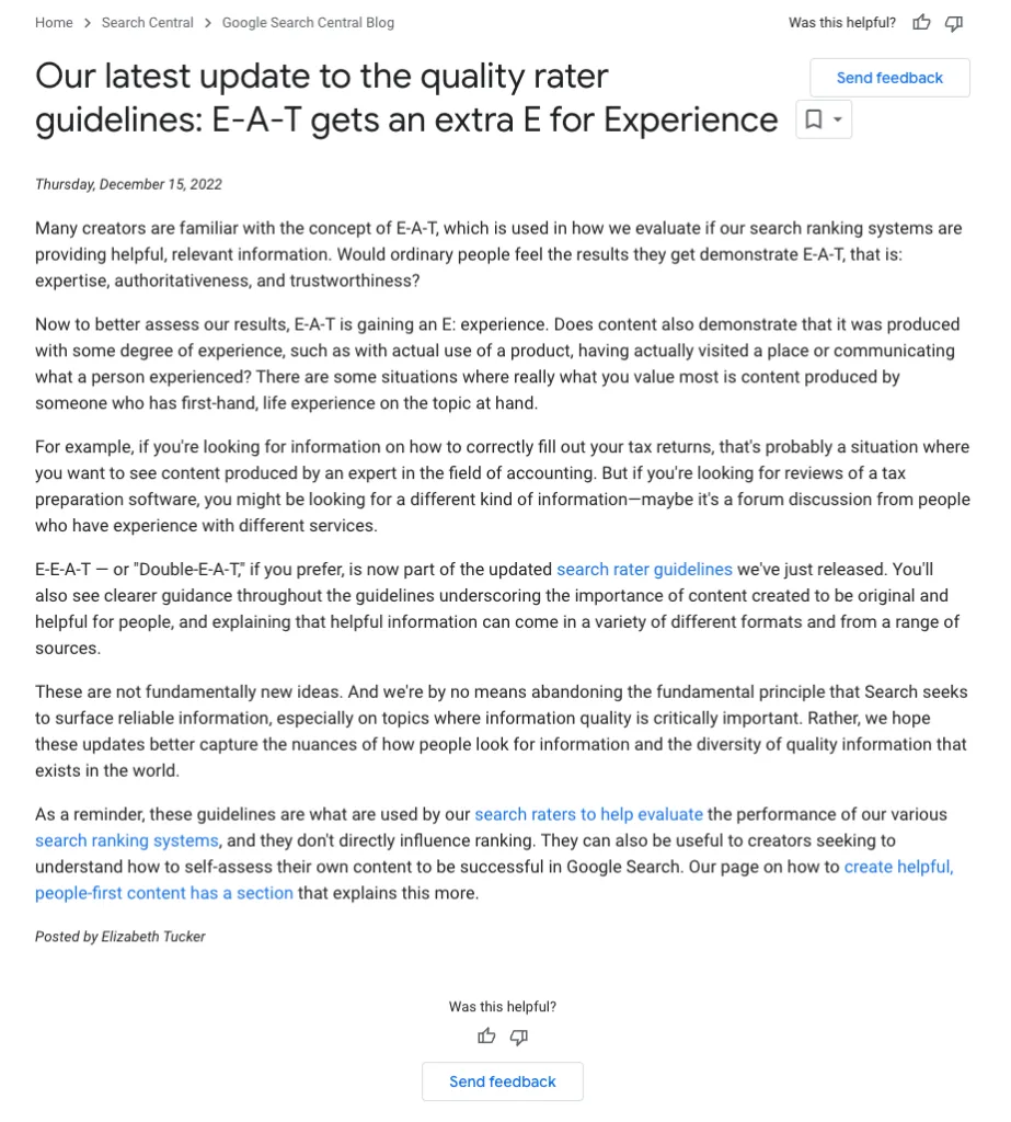 Google quality rater guidelines for E-E-A-T